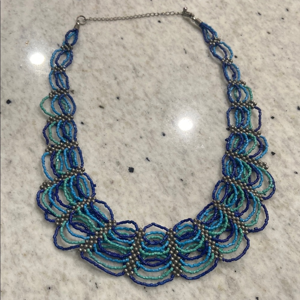 Vintage Blue Seed Bead & Silver Bead Necklace 22” maximum length